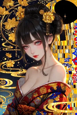 金色の着物と黒髪の美女