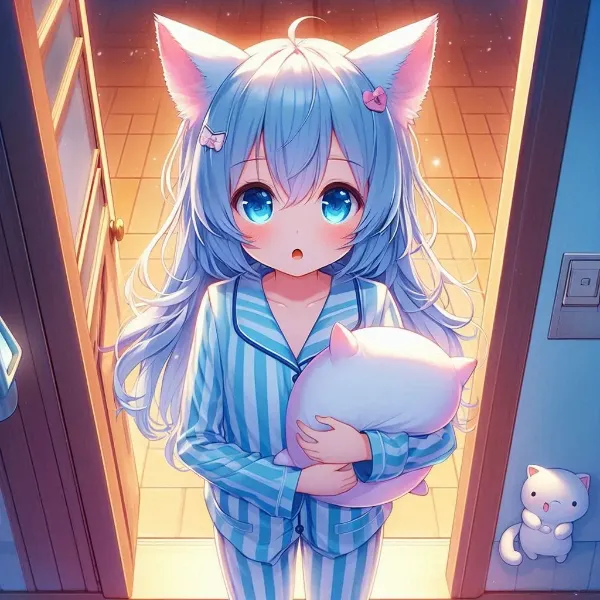 ストライプのパジャマを着た青髪猫耳さん