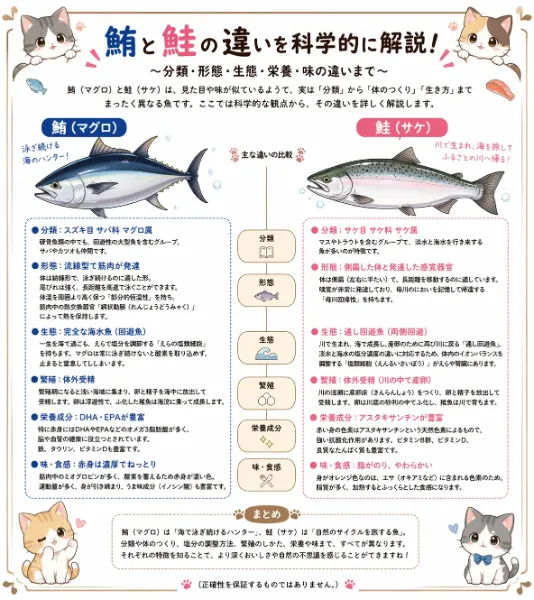 (Chat GPT images 2.0使用！)　鮪と鮭の違いを解説！