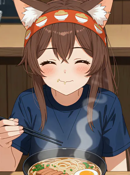 ラーメンを食べる替え玉頼みそうなリボンを巻いた狐耳女子