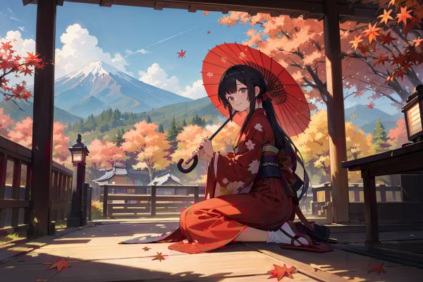 紅葉とお寺と少女