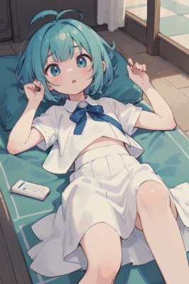 寝そべって戸惑っている女の子