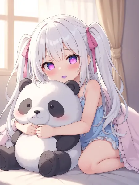 パンダのぬいぐるみと少女の朝