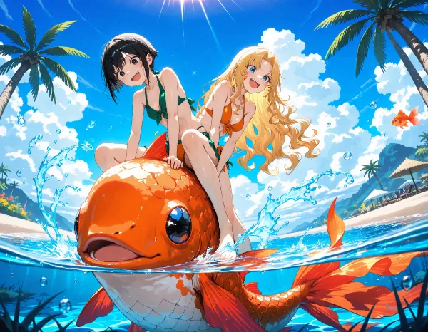 黒髪＆ブロンド・海で大きな金魚に乗った