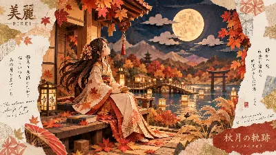 秋月の下で紅葉を紡ぐ少女の詩