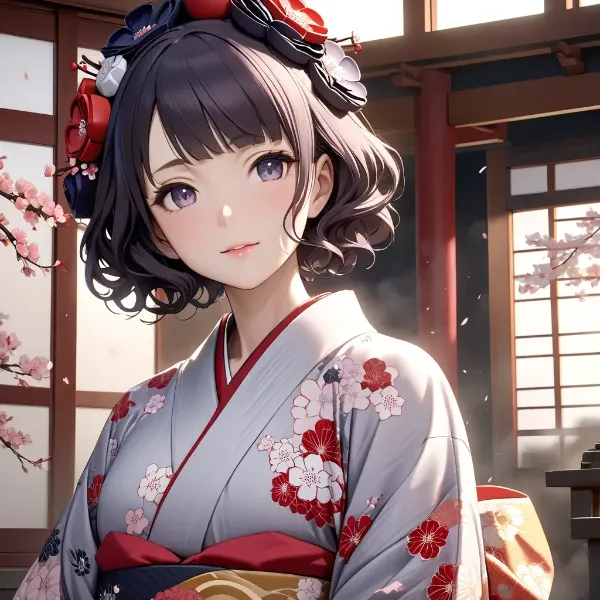 桜舞う着物少女