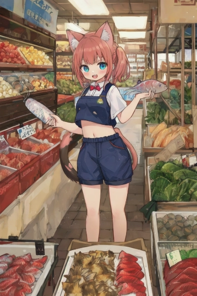 お魚屋さんの看板猫娘