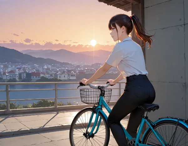 夕陽を背に自転車を止めて