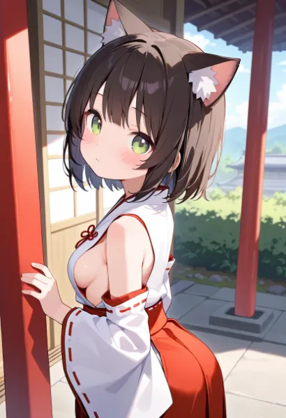 猫耳巫女の恥じらいの瞬間