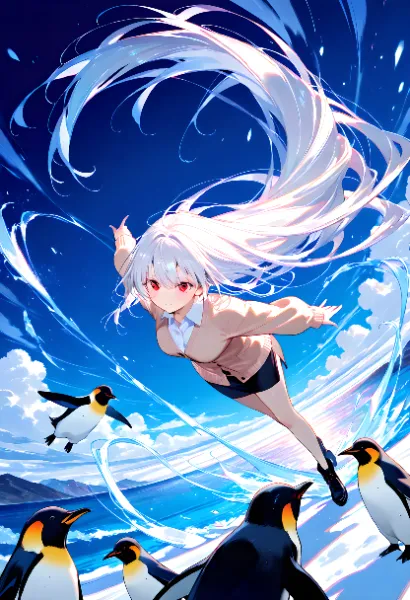 白髪の少女とペンギンたちの天空舞踏