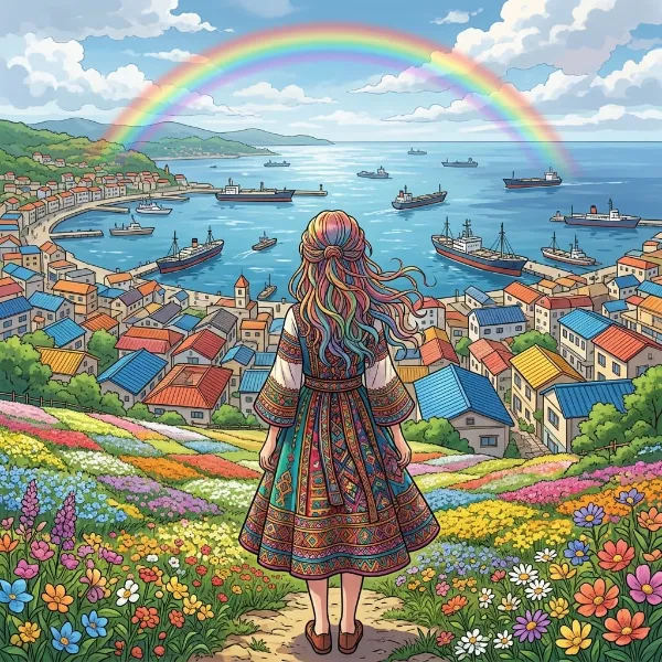 虹の下で港を眺める少女の夢