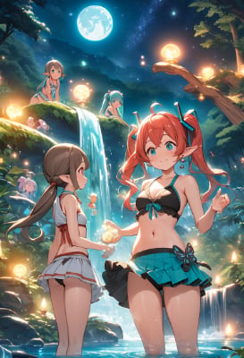 月夜のエルフ達の水遊び
