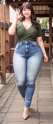 フロントクロスのトップスとむちむちデニムでお散歩。