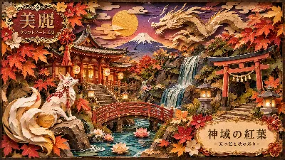 紅葉の神域に舞う天狐と龍