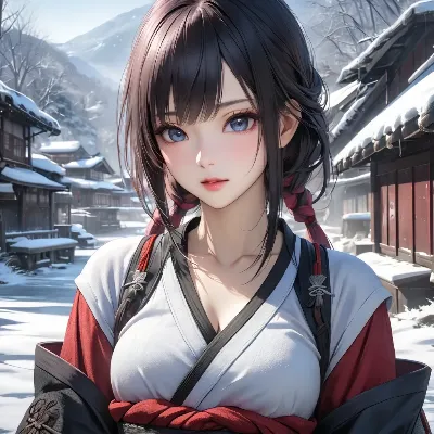 雪の山村に佇む黒髪少女