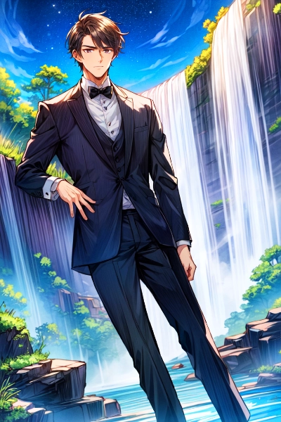 滝と夜空と黒髪短髪男性・その1（5枚）