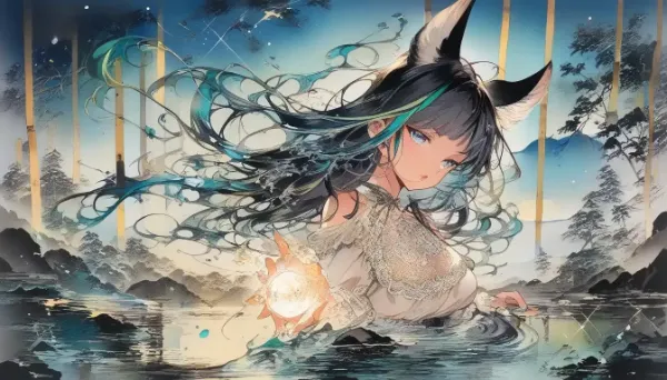 月夜の森に輝く狐耳の守護者