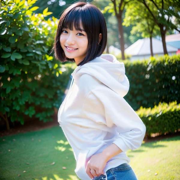 白パーカーとデニムミニ