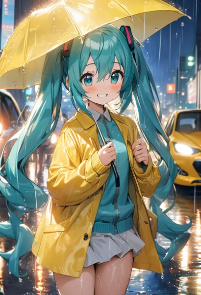 雨の情景　傘をさす黄色い少女