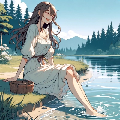 DALL-E3で湖畔でリラックスする女性を作成