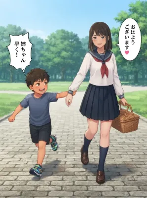 公園へピクニックに出かける姉弟