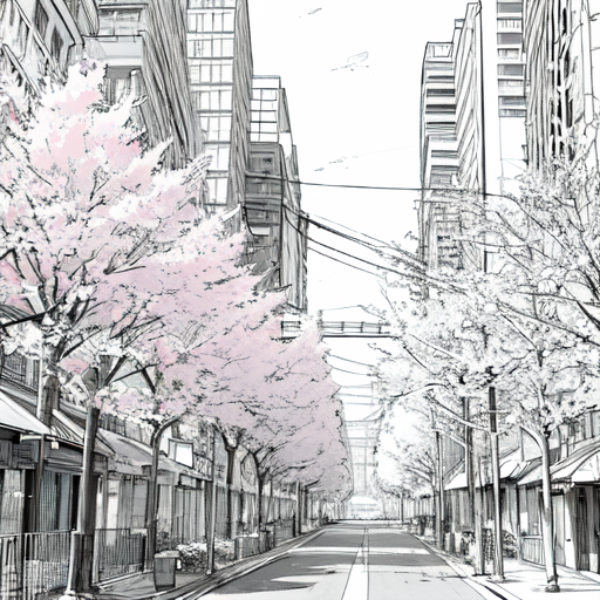 塗り絵_ 04桜のある風景