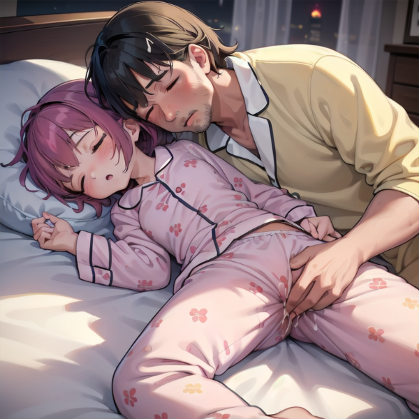 ぐっすり眠る娘にいたずらする父親