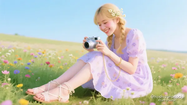 花畑に座り込む夢見るフォトグラファー