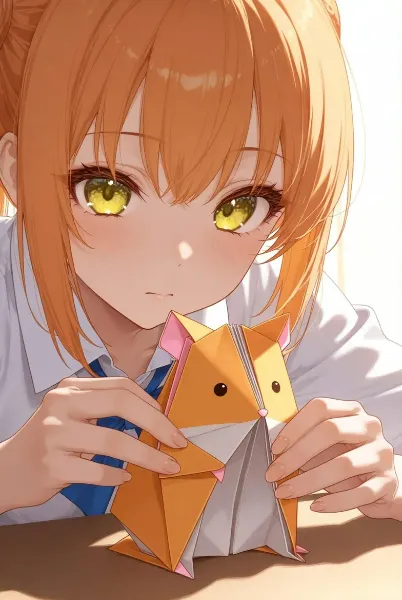 この折り紙のハムちゃん、真ん中がぱっくり割れて口になるんですよー