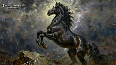 嵐の中の黒馬の威厳