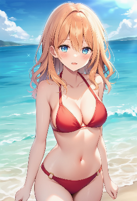 夏の海辺で輝く金髪の微笑み