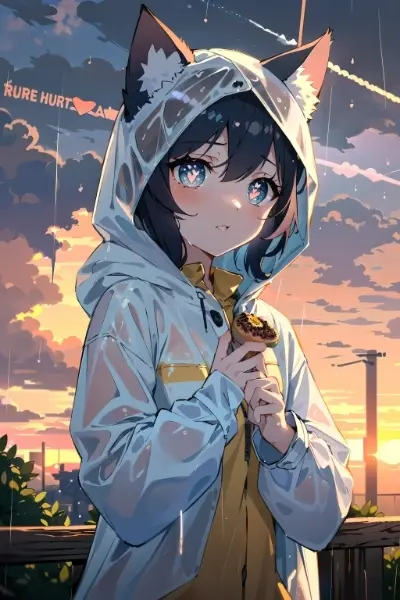 「朝日」を浴びながら、通り「雨」の中、「果物」(パッションフルーツ)を持った「ネコ」耳少女が目を「ハート」にして、「飛行機」雲を見ていた