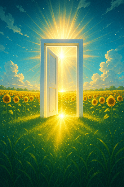 ひまわり畑に輝く希望の扉