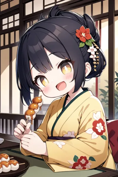 みたらし団子と着物姿の少女