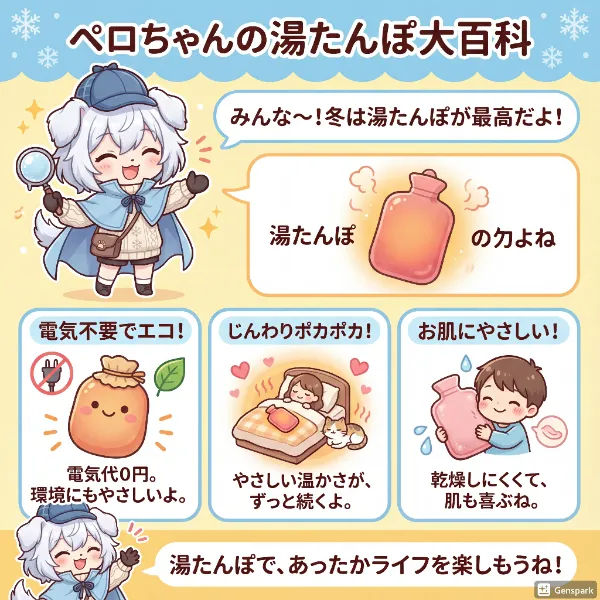 ペロちゃんが湯たんぽについて説明！