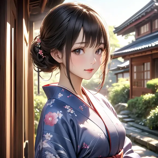 寺院の縁で微笑む着物美人