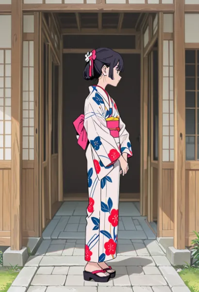 古民家の廊下で佇む花の着物