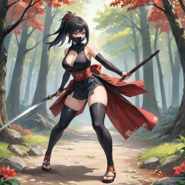 紅葉の森に潜む黒き剣士