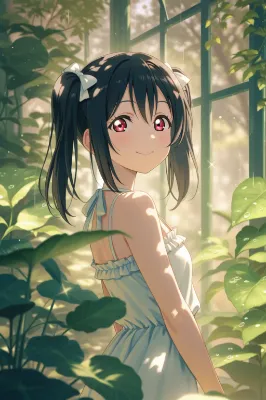 雨露きらめく緑に囲まれたにこちゃん