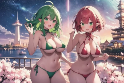 桜とビキニ少女