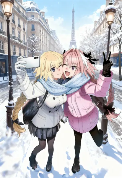 お揃いのマフラーで自撮りするアストルフォとジャンヌ