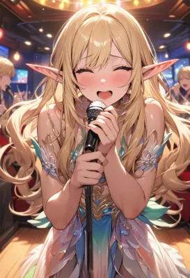 カラオケを興じるエルフ