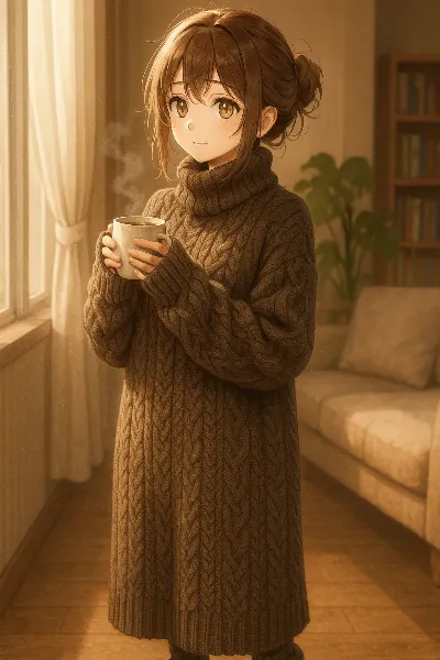 冬の朝、彼女の穏やかな一杯