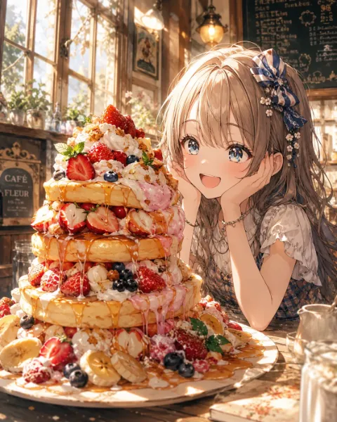 夢のパンケーキタワーと少女の笑顔。