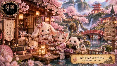 ぬいぐるみたちの桜の優しい茶会