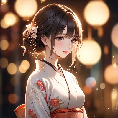 宵の灯りに浮かぶ着物姿