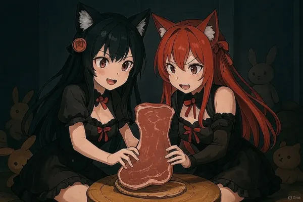 「あなたこんな夜中になぜここに…？その肉はわたくしのものでしてよ！」「何を言っているのでございますの？お姉さまが盗み食いに来た事わかっておりますのよ！」