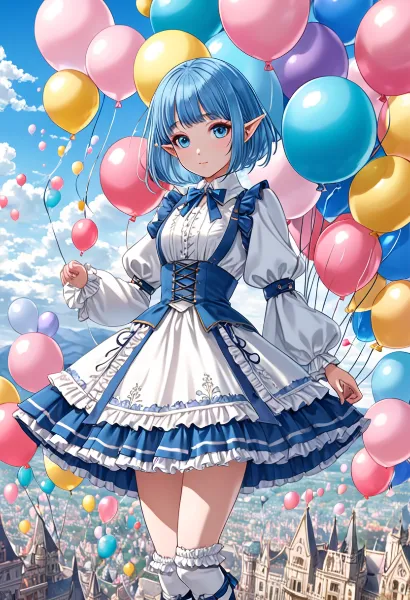 風船に舞う青髪エルフの空旅