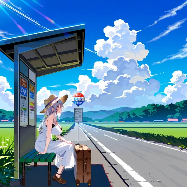 夏空のバス停で待つ少女