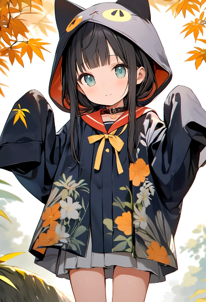 猫耳付きフードは頭のシルエットを大きくするので幼く見える効果がある